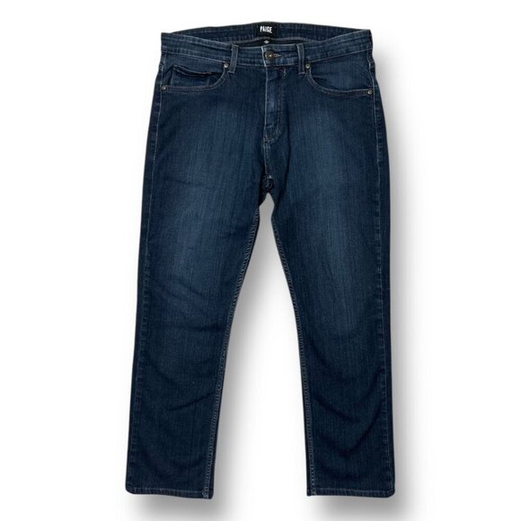 Paige Federal Men’s 33x26.5 Slim Straight Jeans Cellar Blue Denim521 Hemmed USA - Picture 2 of 16